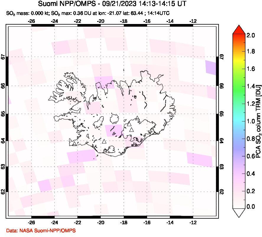 A sulfur dioxide image over Iceland on Sep 21, 2023.