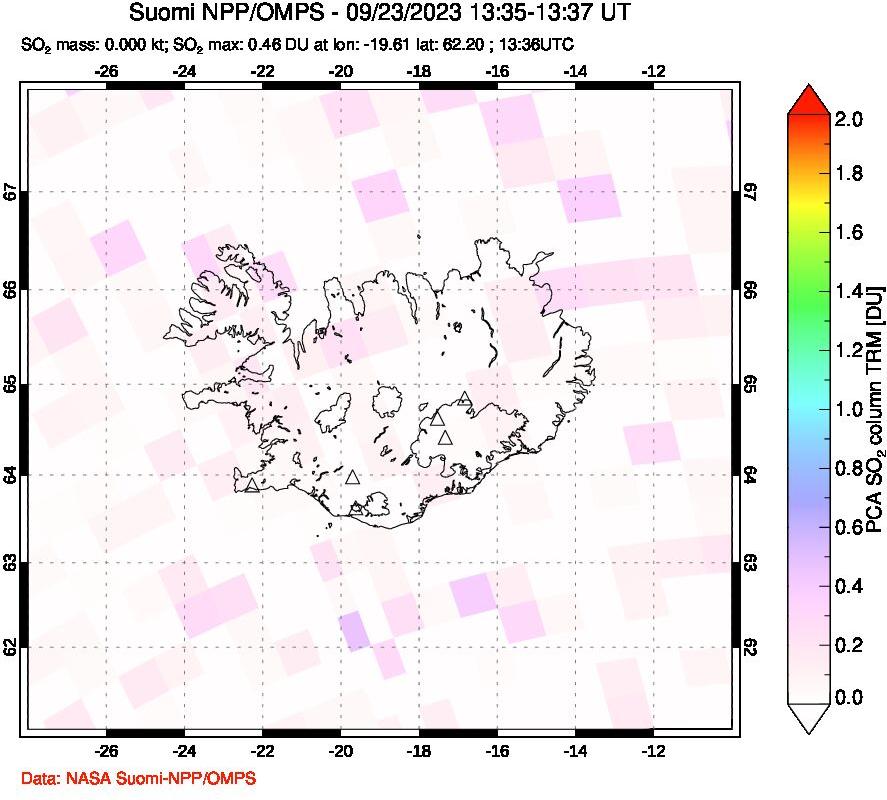 A sulfur dioxide image over Iceland on Sep 23, 2023.