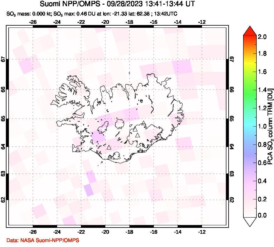 A sulfur dioxide image over Iceland on Sep 28, 2023.