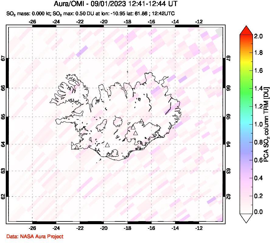 A sulfur dioxide image over Iceland on Sep 01, 2023.
