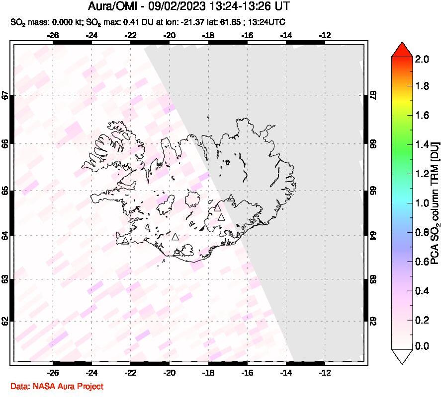 A sulfur dioxide image over Iceland on Sep 02, 2023.
