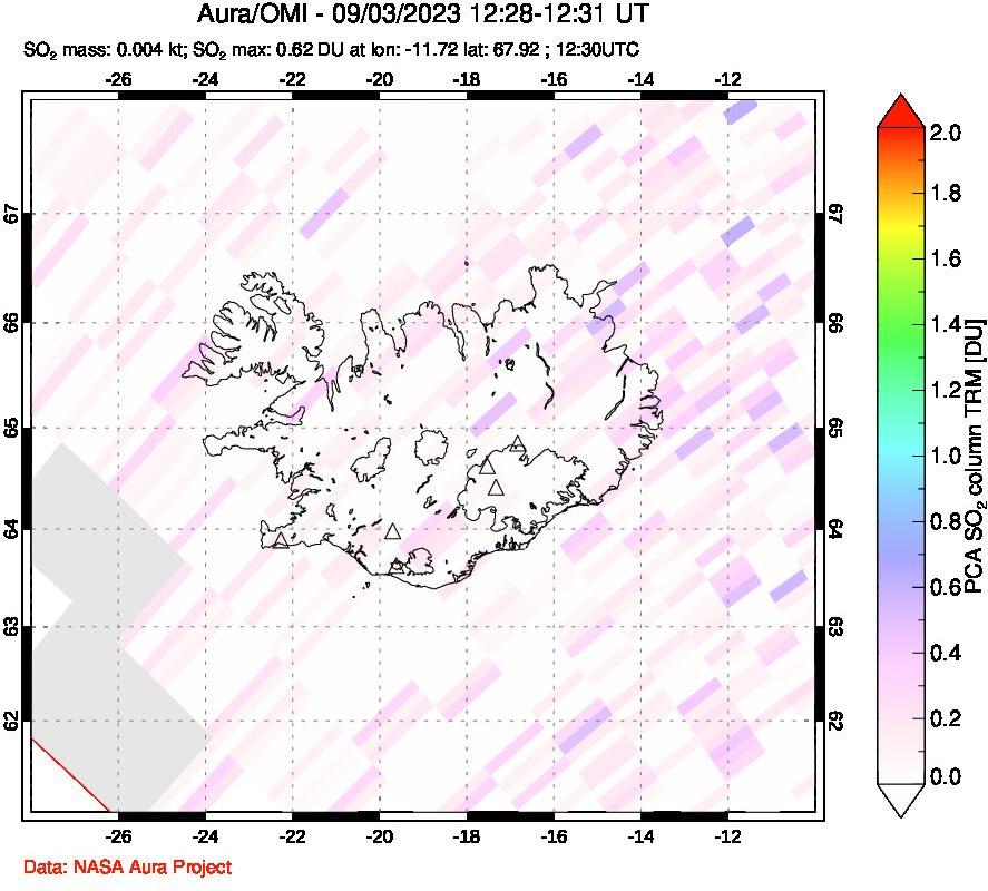A sulfur dioxide image over Iceland on Sep 03, 2023.