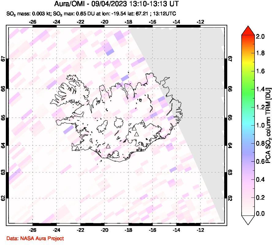 A sulfur dioxide image over Iceland on Sep 04, 2023.