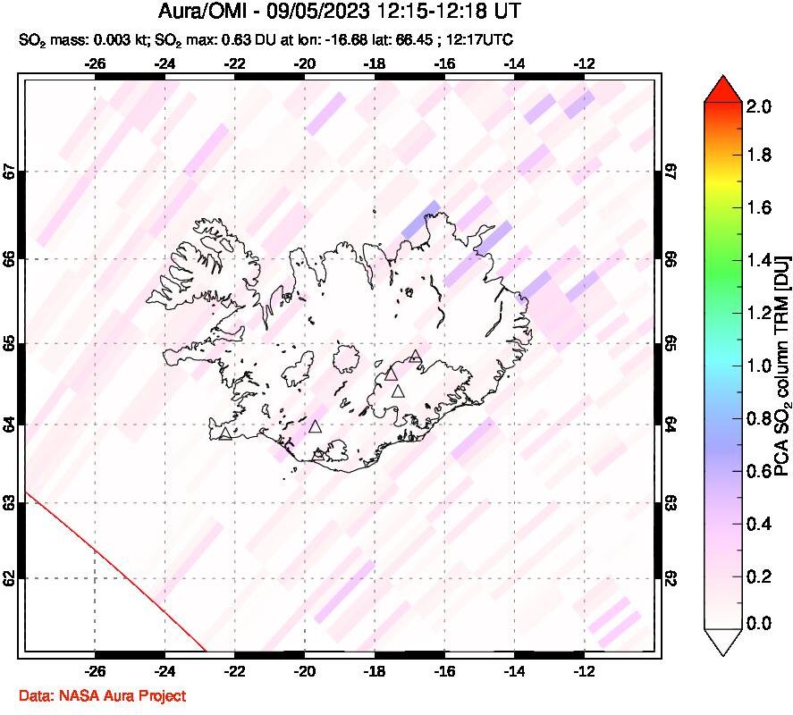 A sulfur dioxide image over Iceland on Sep 05, 2023.