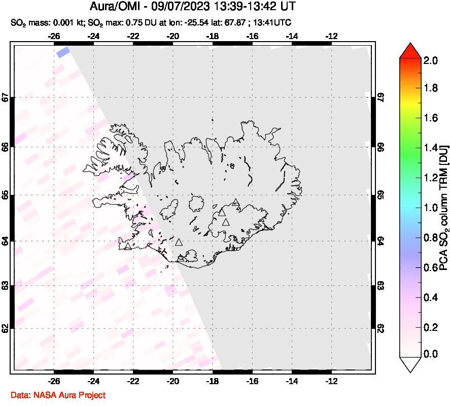 A sulfur dioxide image over Iceland on Sep 07, 2023.