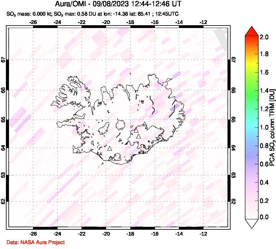 A sulfur dioxide image over Iceland on Sep 08, 2023.