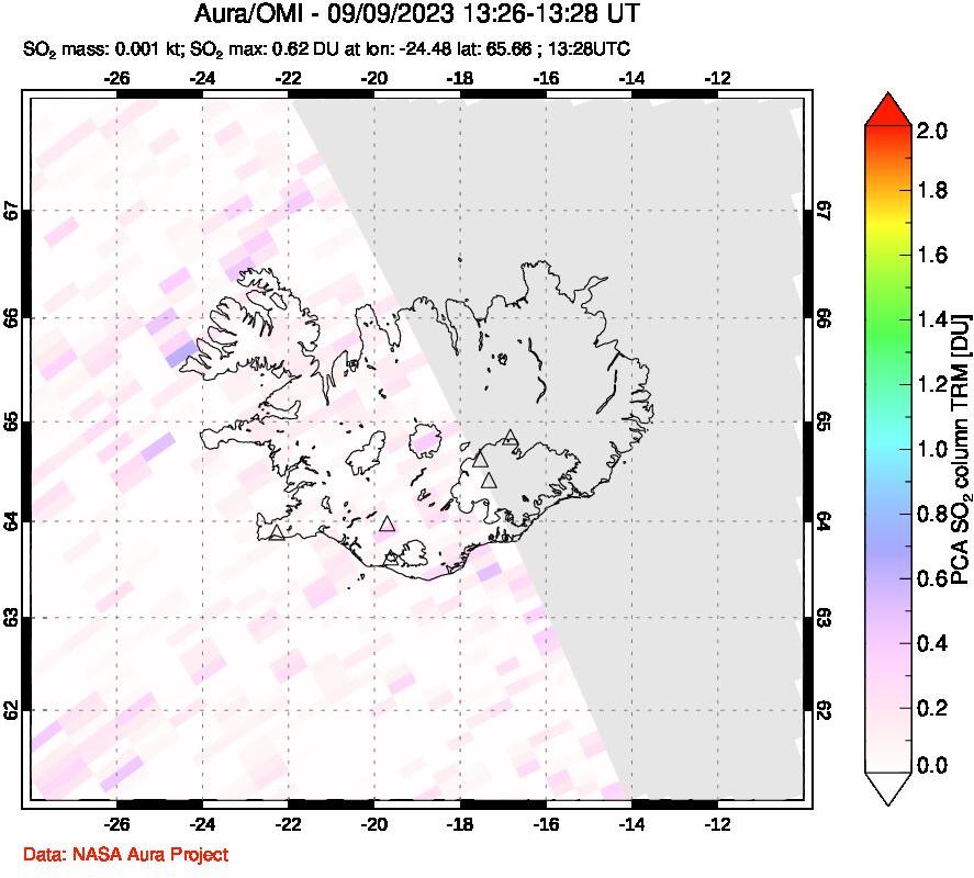 A sulfur dioxide image over Iceland on Sep 09, 2023.