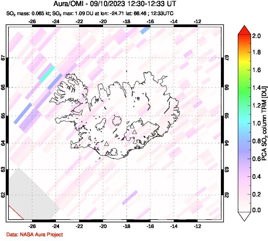 A sulfur dioxide image over Iceland on Sep 10, 2023.