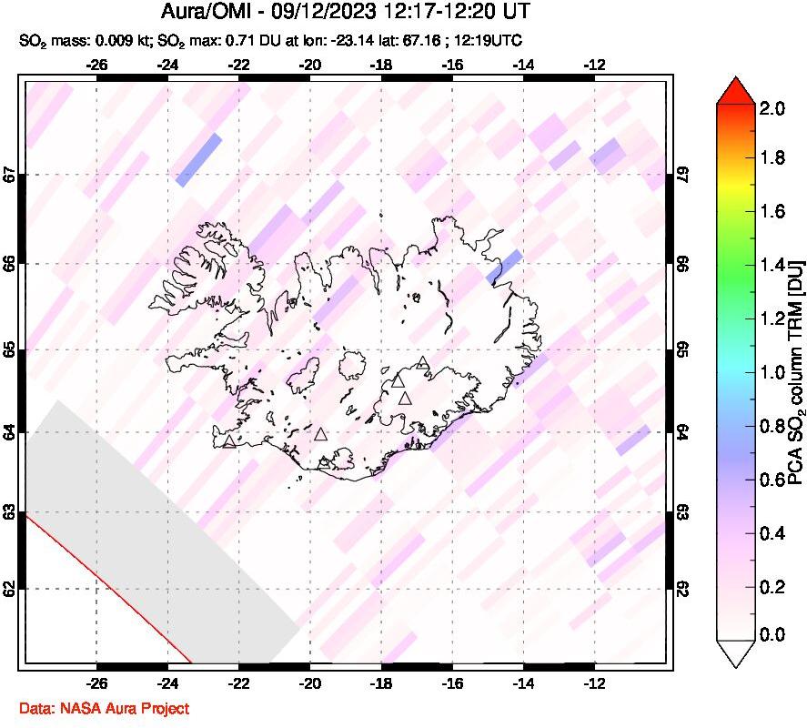 A sulfur dioxide image over Iceland on Sep 12, 2023.