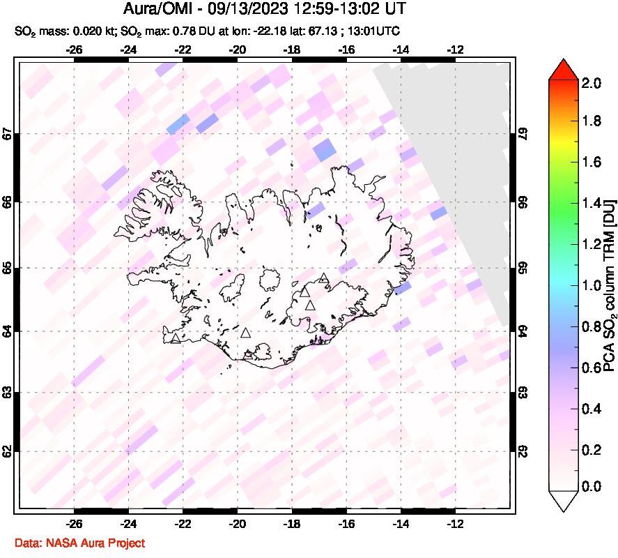 A sulfur dioxide image over Iceland on Sep 13, 2023.