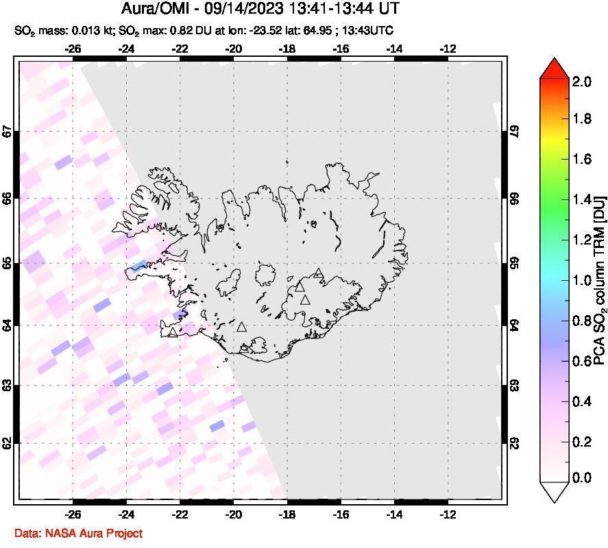 A sulfur dioxide image over Iceland on Sep 14, 2023.
