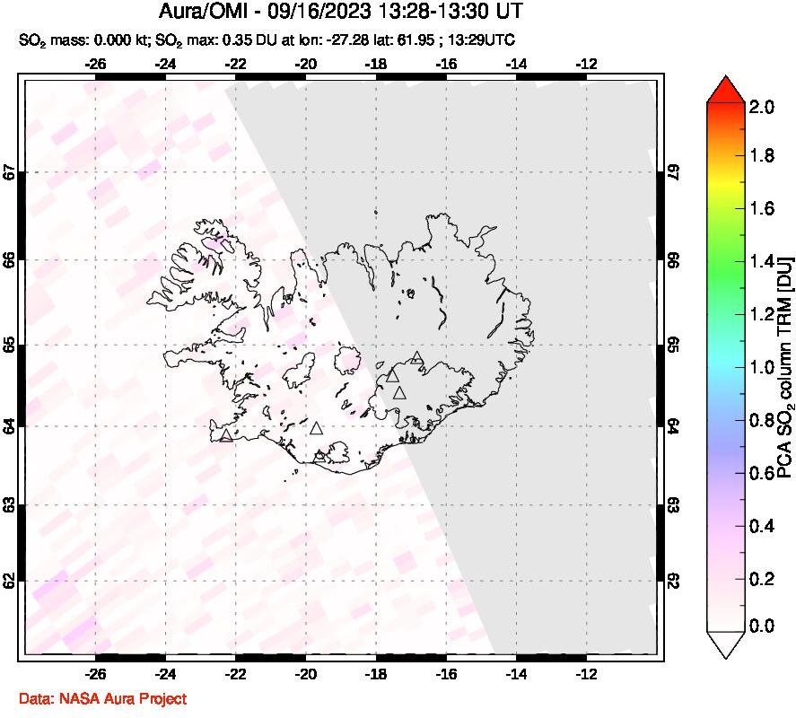 A sulfur dioxide image over Iceland on Sep 16, 2023.
