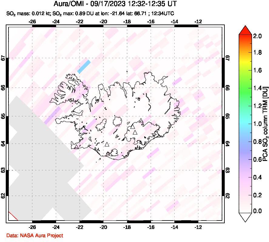 A sulfur dioxide image over Iceland on Sep 17, 2023.