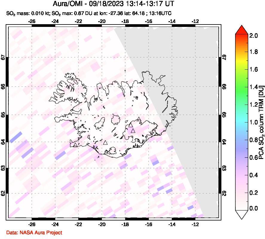 A sulfur dioxide image over Iceland on Sep 18, 2023.