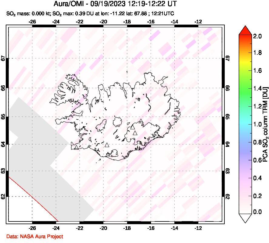 A sulfur dioxide image over Iceland on Sep 19, 2023.