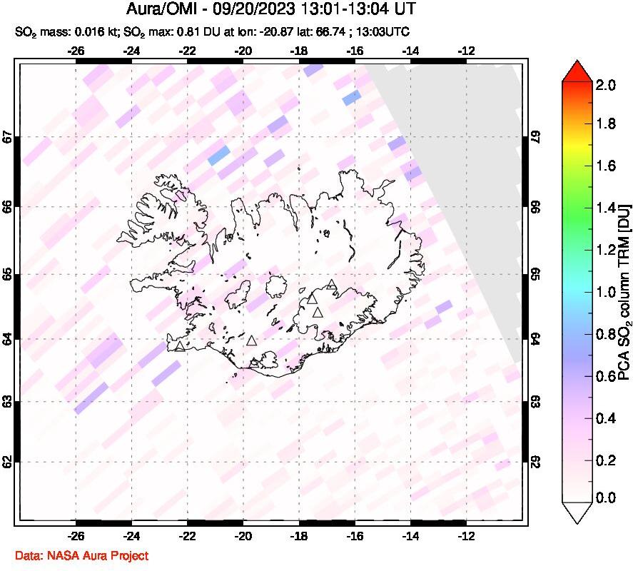 A sulfur dioxide image over Iceland on Sep 20, 2023.
