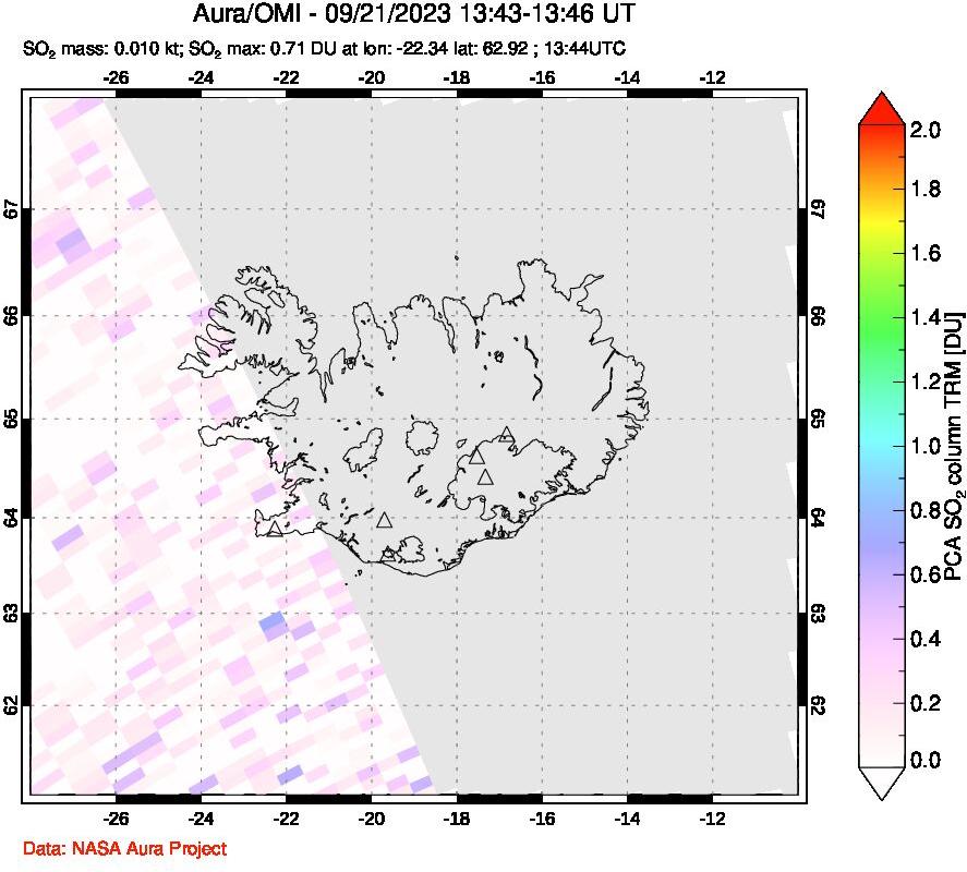 A sulfur dioxide image over Iceland on Sep 21, 2023.