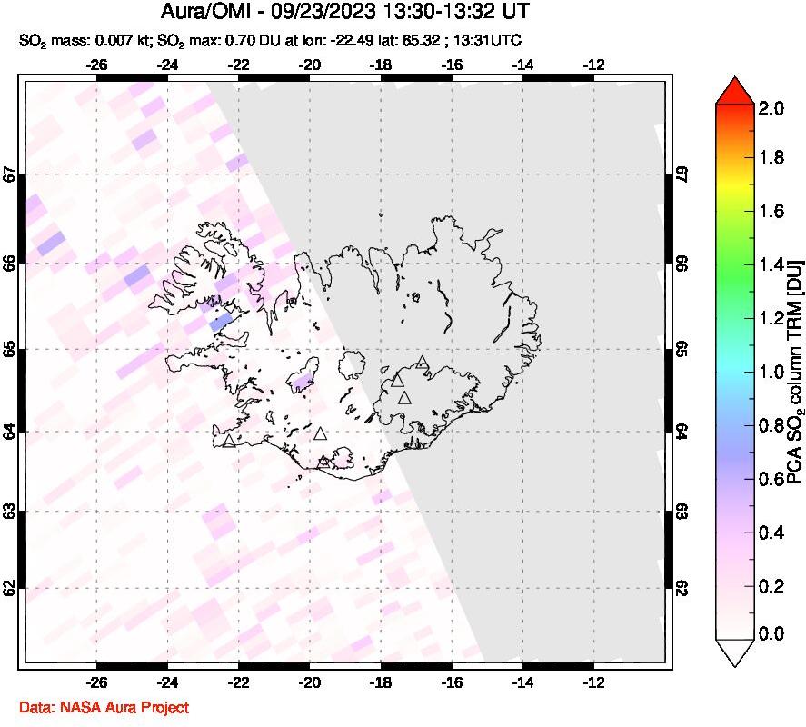 A sulfur dioxide image over Iceland on Sep 23, 2023.