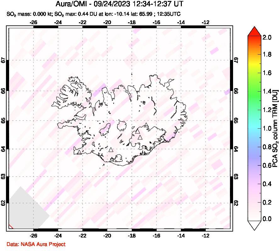 A sulfur dioxide image over Iceland on Sep 24, 2023.