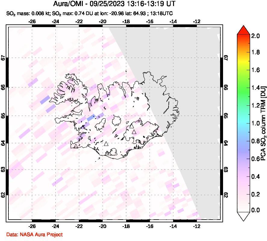 A sulfur dioxide image over Iceland on Sep 25, 2023.