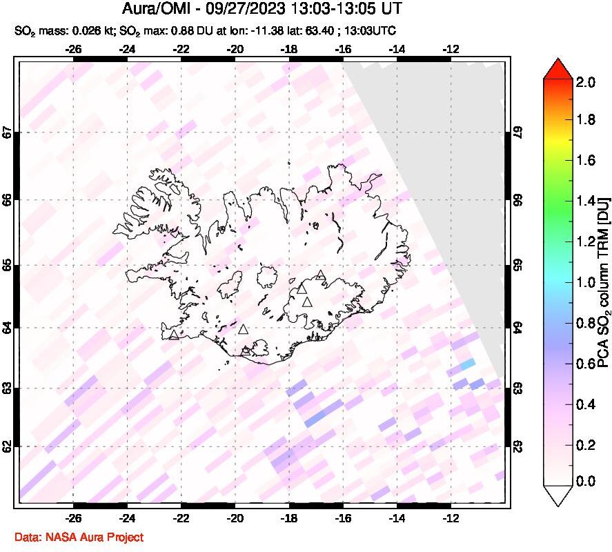 A sulfur dioxide image over Iceland on Sep 27, 2023.