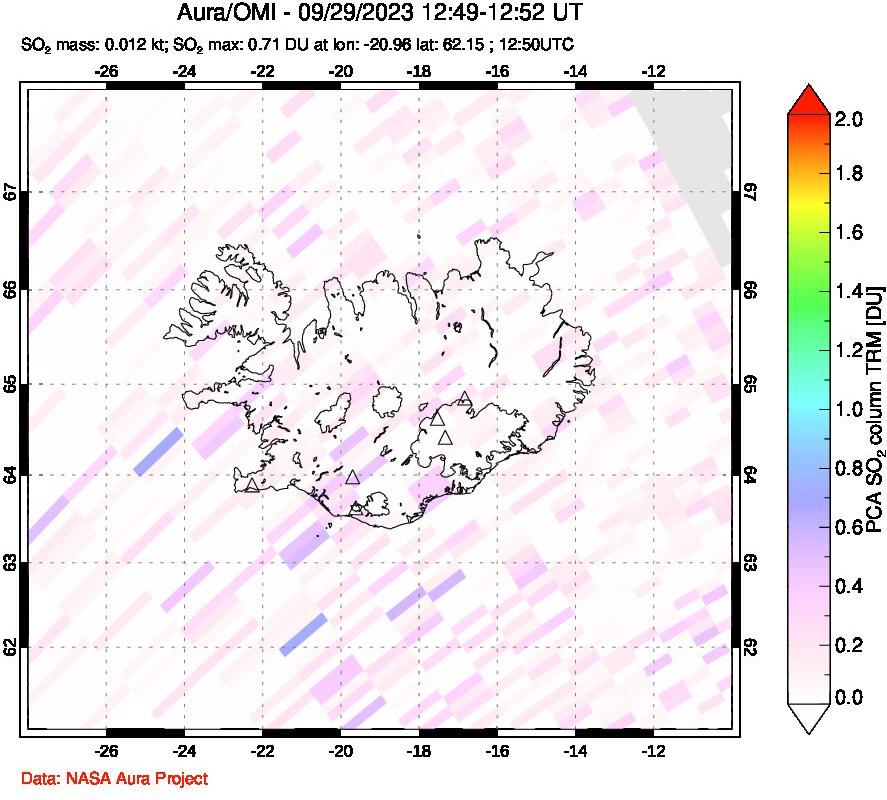 A sulfur dioxide image over Iceland on Sep 29, 2023.