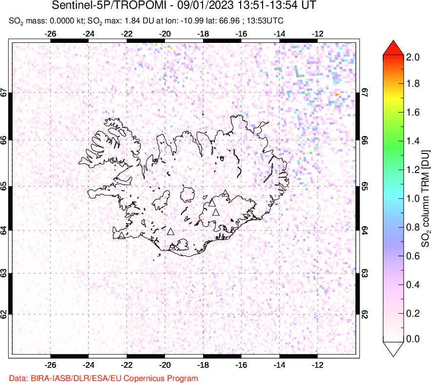 A sulfur dioxide image over Iceland on Sep 01, 2023.