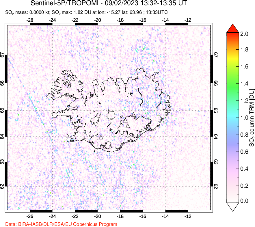 A sulfur dioxide image over Iceland on Sep 02, 2023.