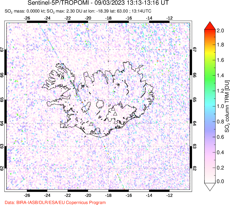 A sulfur dioxide image over Iceland on Sep 03, 2023.