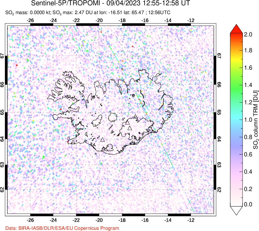 A sulfur dioxide image over Iceland on Sep 04, 2023.