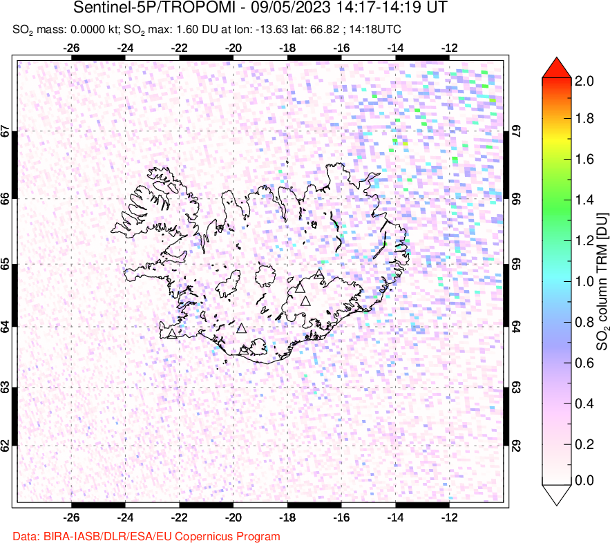 A sulfur dioxide image over Iceland on Sep 05, 2023.