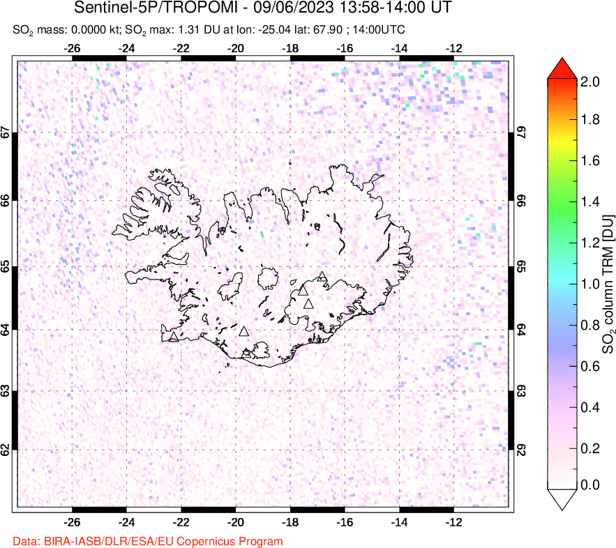 A sulfur dioxide image over Iceland on Sep 06, 2023.