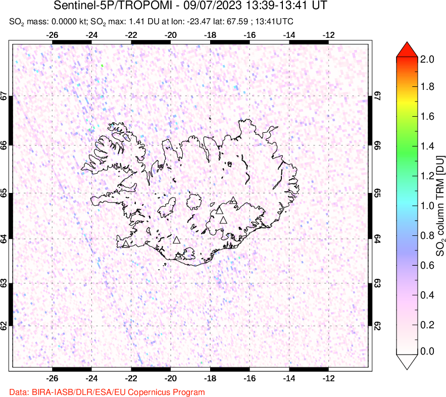 A sulfur dioxide image over Iceland on Sep 07, 2023.