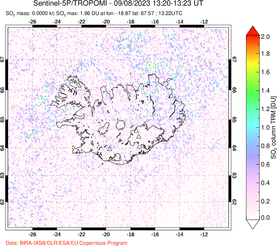 A sulfur dioxide image over Iceland on Sep 08, 2023.