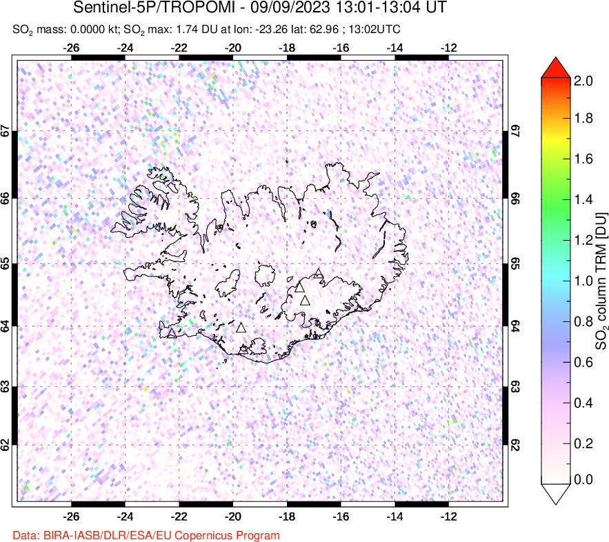 A sulfur dioxide image over Iceland on Sep 09, 2023.