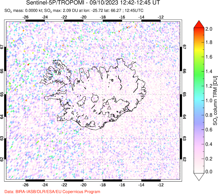 A sulfur dioxide image over Iceland on Sep 10, 2023.