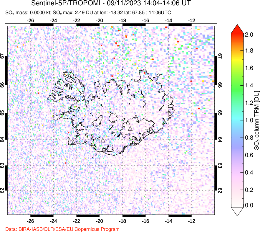 A sulfur dioxide image over Iceland on Sep 11, 2023.