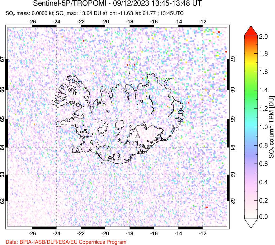 A sulfur dioxide image over Iceland on Sep 12, 2023.