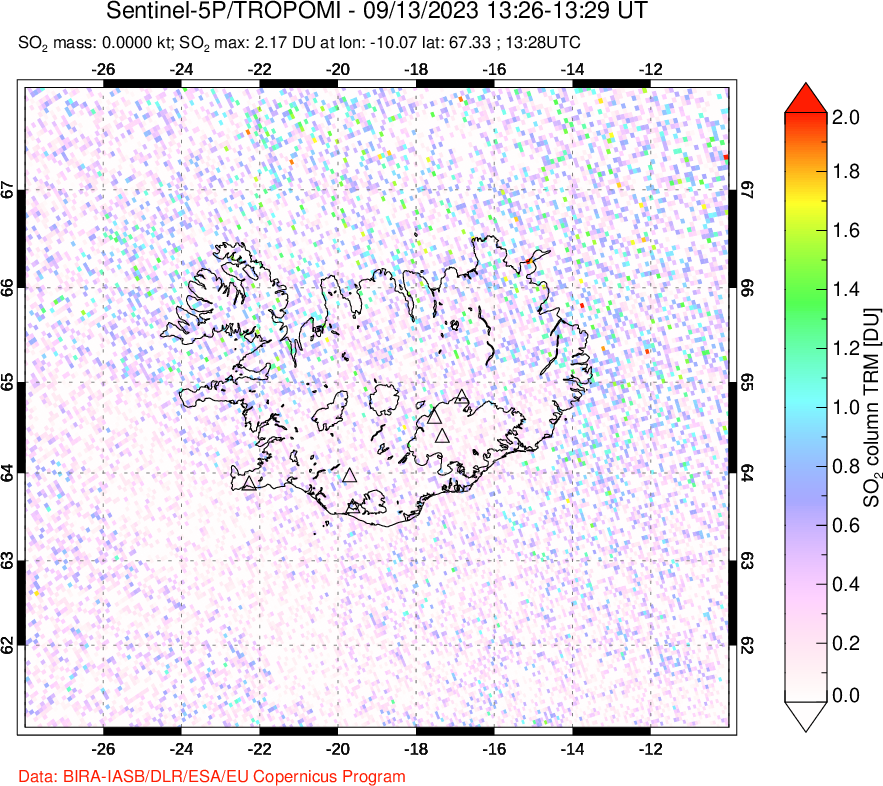 A sulfur dioxide image over Iceland on Sep 13, 2023.