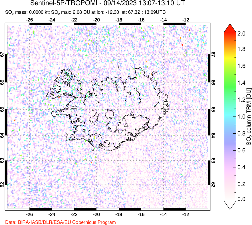 A sulfur dioxide image over Iceland on Sep 14, 2023.