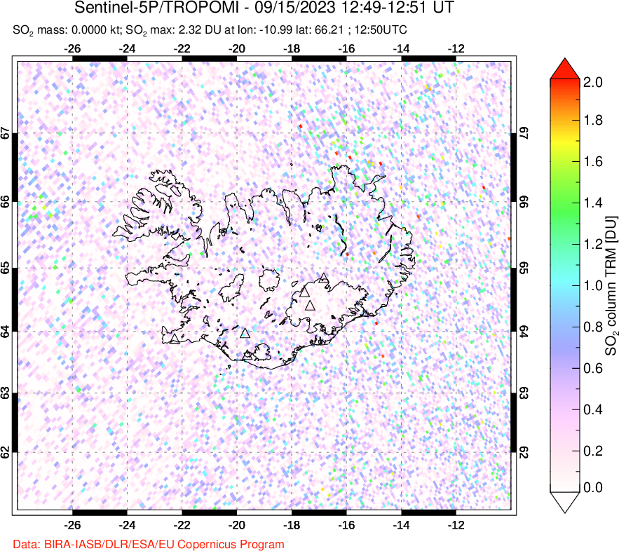 A sulfur dioxide image over Iceland on Sep 15, 2023.