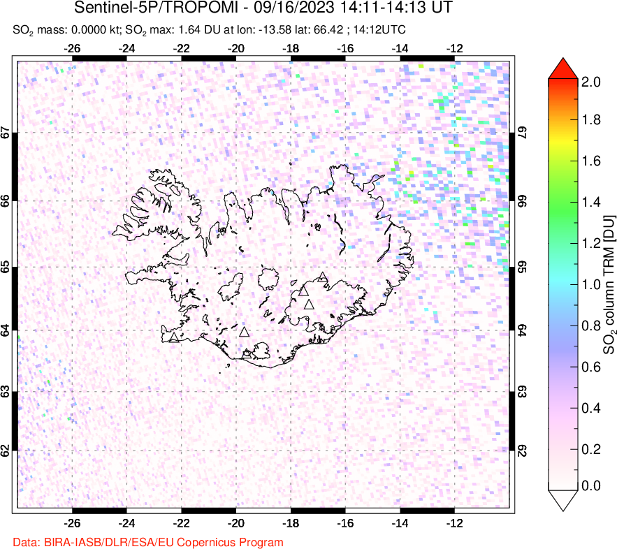 A sulfur dioxide image over Iceland on Sep 16, 2023.