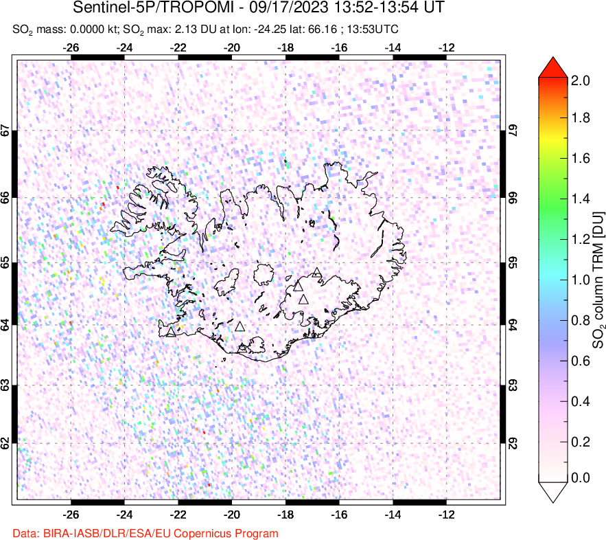 A sulfur dioxide image over Iceland on Sep 17, 2023.