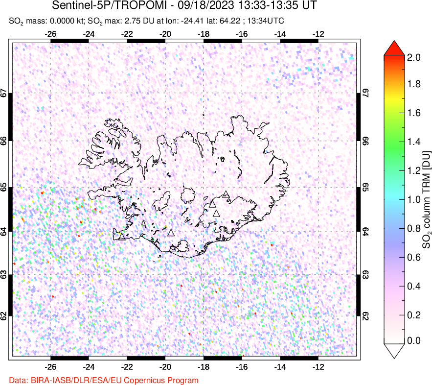 A sulfur dioxide image over Iceland on Sep 18, 2023.