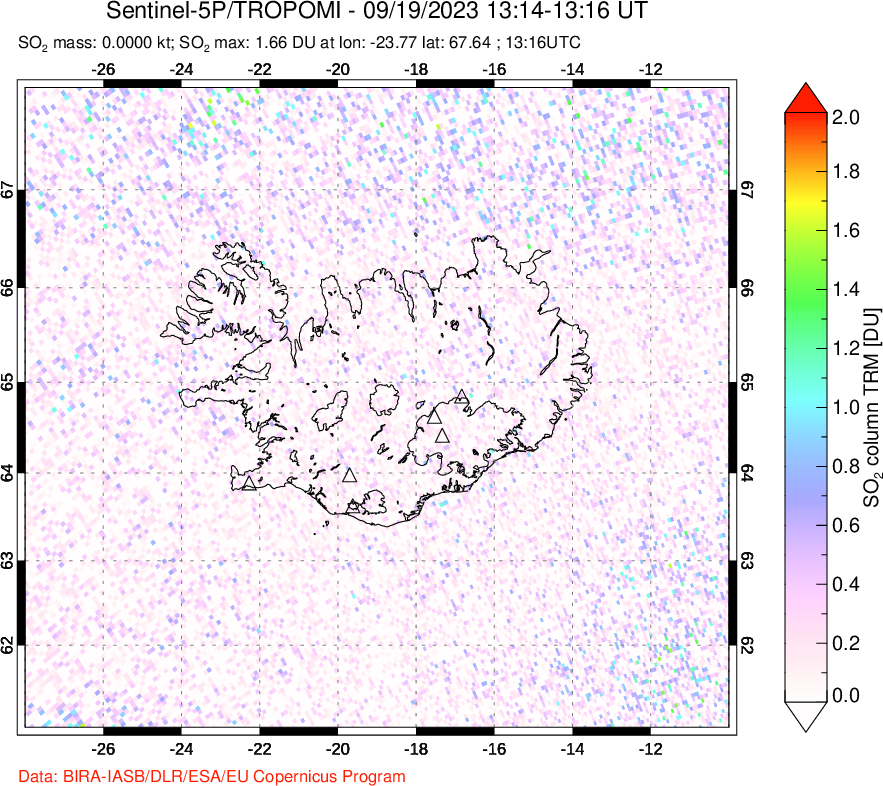 A sulfur dioxide image over Iceland on Sep 19, 2023.