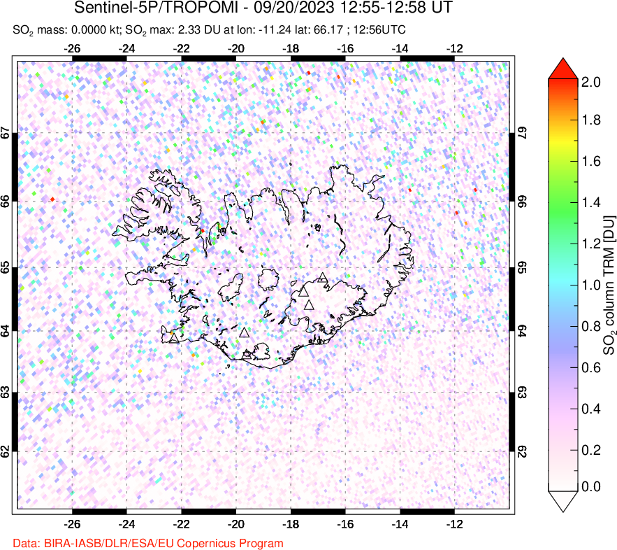 A sulfur dioxide image over Iceland on Sep 20, 2023.