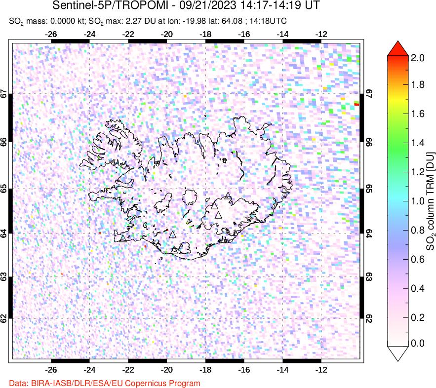 A sulfur dioxide image over Iceland on Sep 21, 2023.