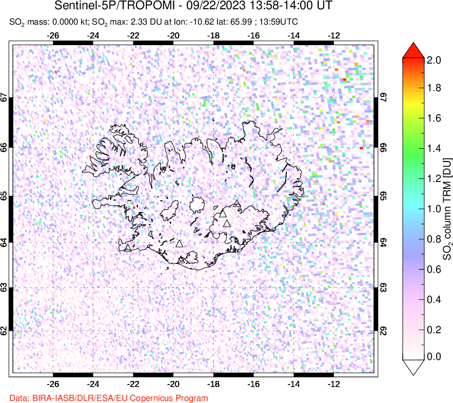 A sulfur dioxide image over Iceland on Sep 22, 2023.