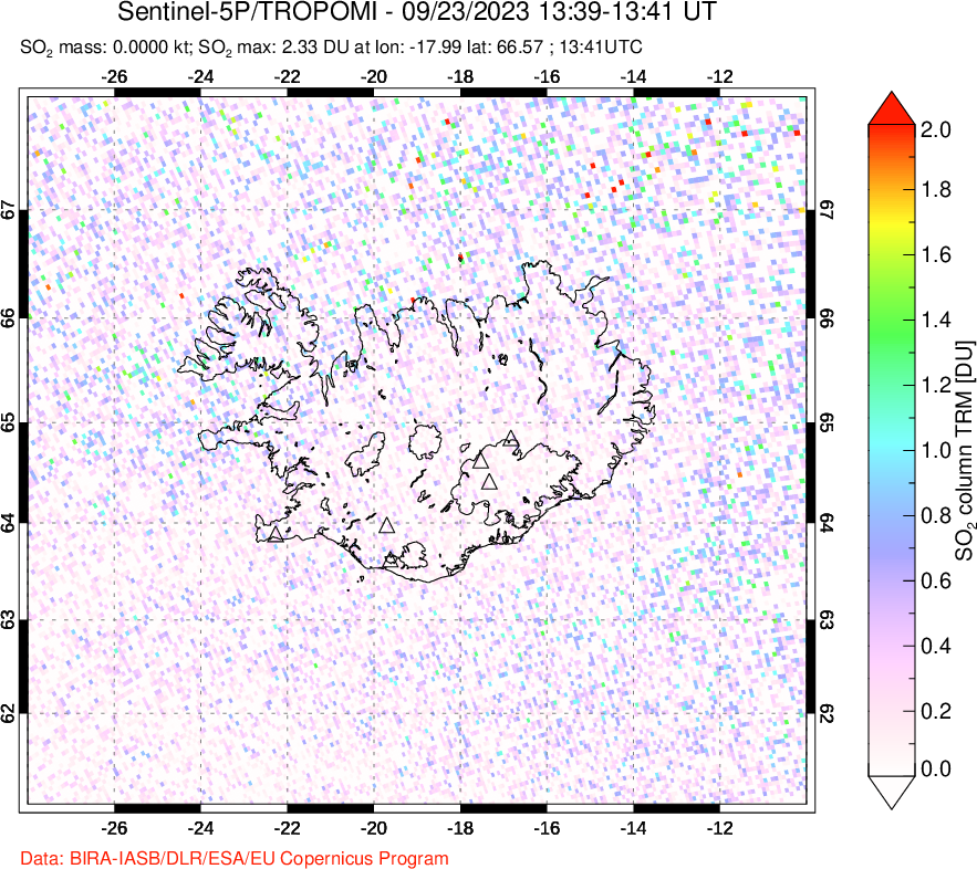 A sulfur dioxide image over Iceland on Sep 23, 2023.