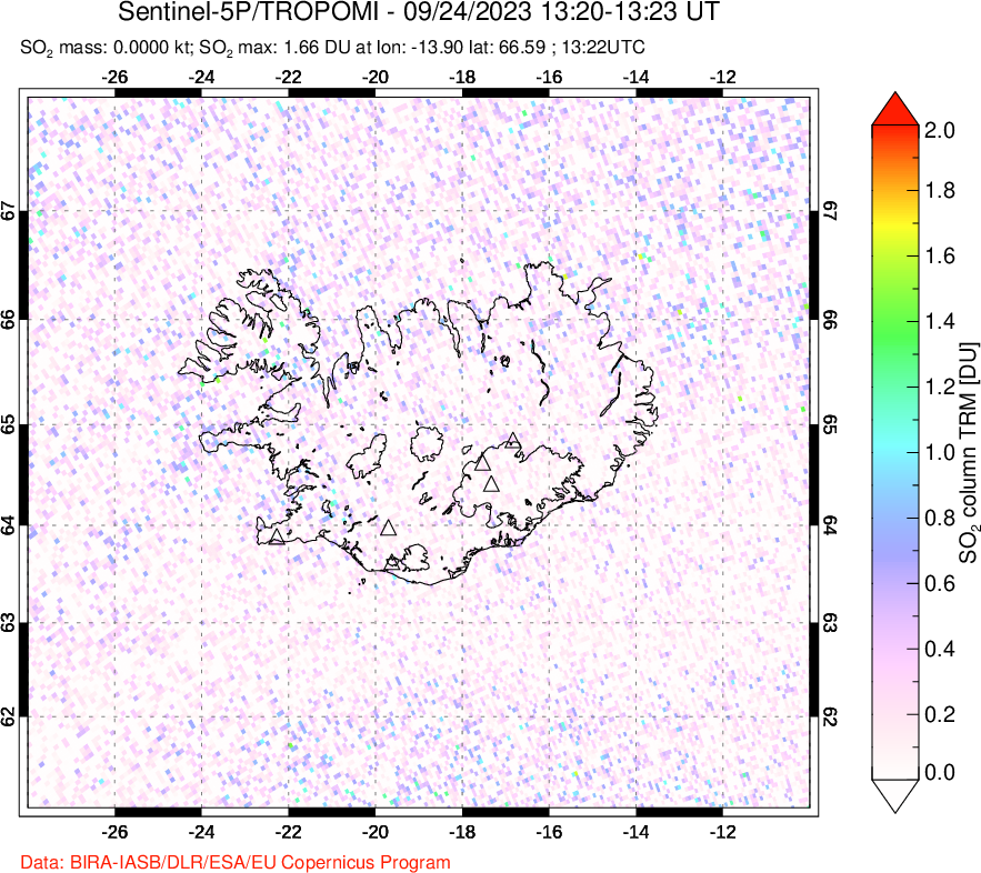 A sulfur dioxide image over Iceland on Sep 24, 2023.